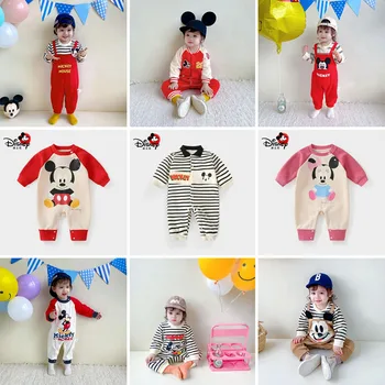 Kawaii Disney Mickey Baby Romper Nové Minnie Zimné Prekladané Predné Tlačidlo Detské Oblečenie Pribrala Cartoon Vytlačené Baseball Jumpsuit